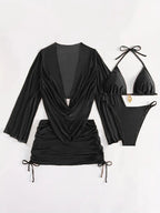 4pcs Sexy Solid Color Bikini Set With Sheer Cover-Up, Suitable For Vacation, Beach Party, Perfect For New Year And Valentine's