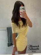 Chic Yellow Gauze Pleated Strapless Dress Women Sleeveless Off Shoulder Slim Short Dresses 2026 Lady Evening Party Vestidos New