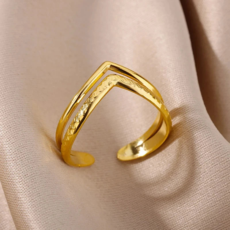 316L Stainless Steel Rings for Women Gold Color Multilayer Geometric Open Ring Vintage Waterproof Wedding Aesthetic Jewelry Gift