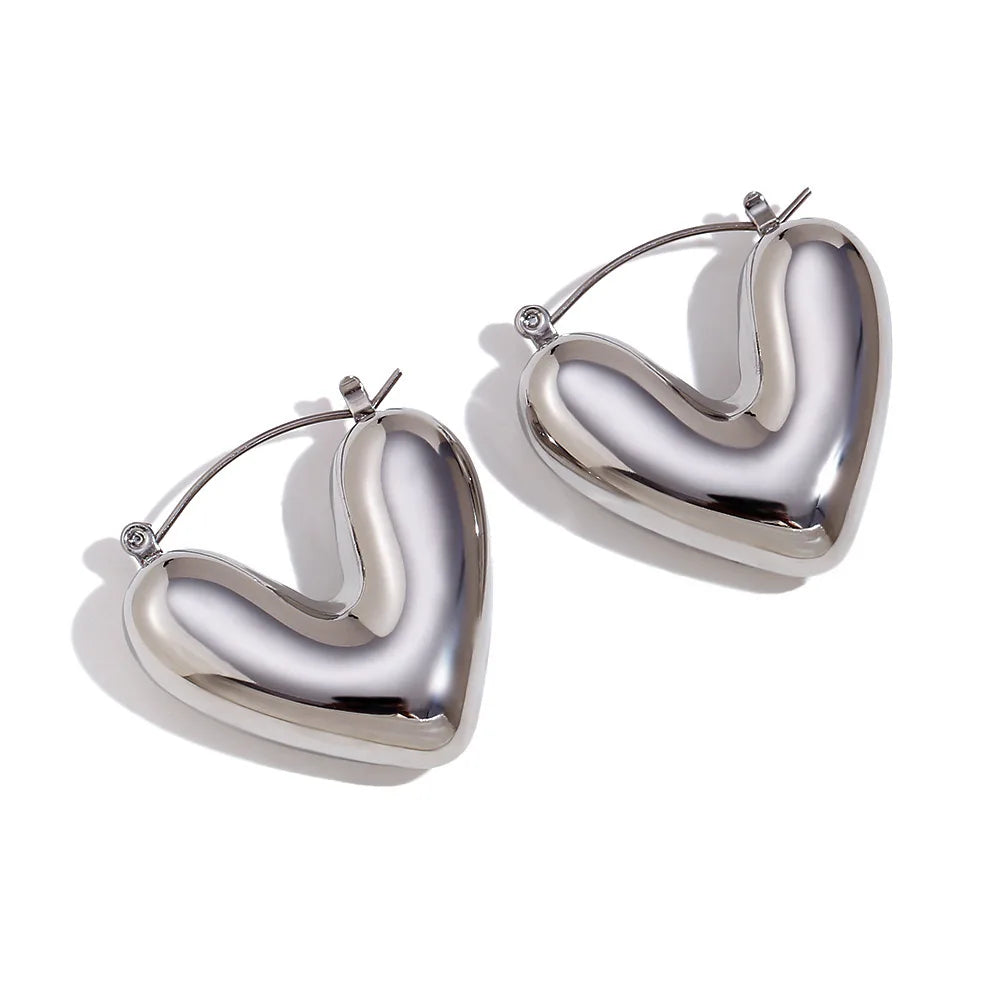Simple Stainless Steel Gold Plated Chunky Big Hoop Earring for Women Vintage Punk Glossy Thick Heart Earrings Minimalist Jewelry