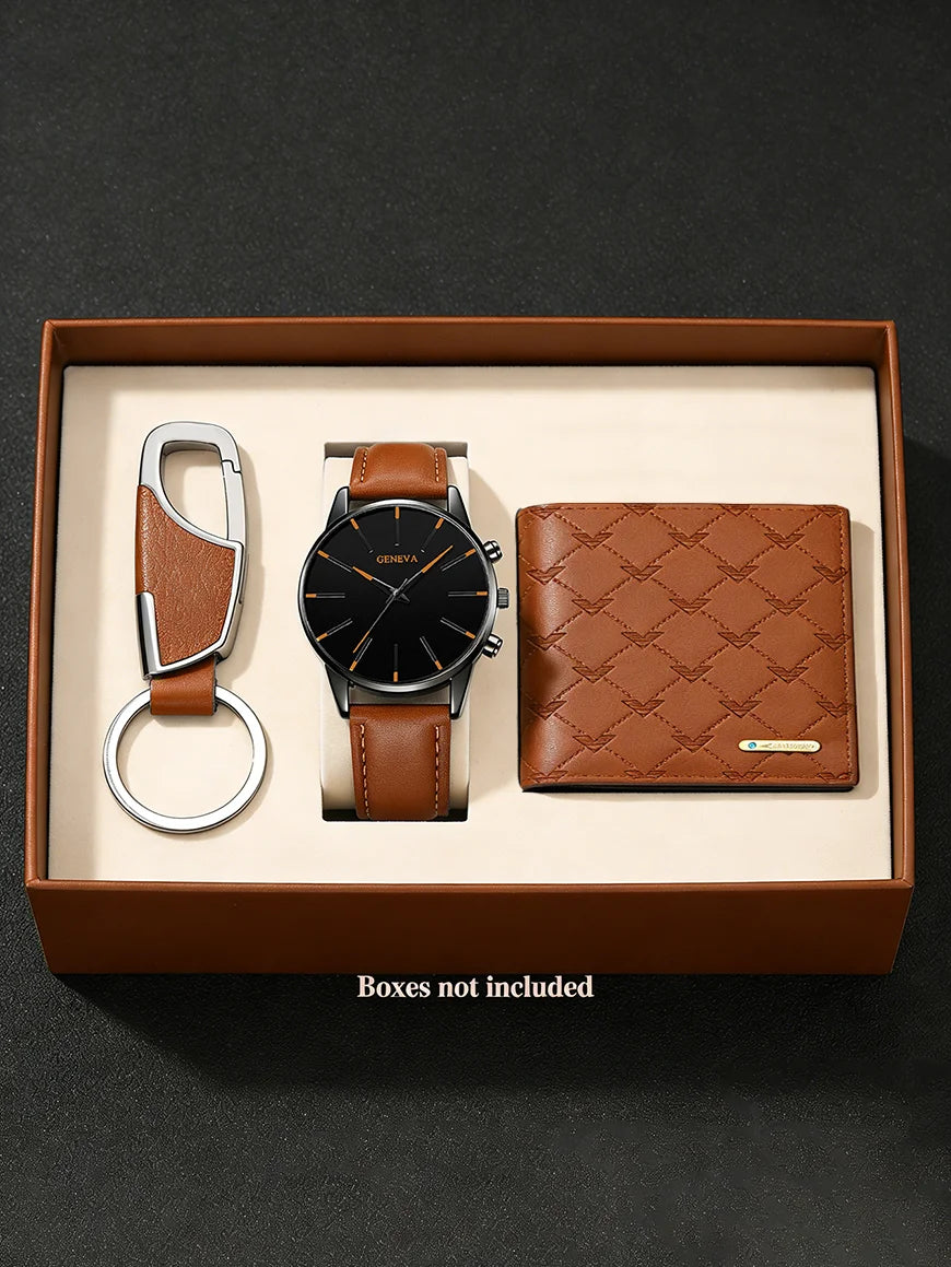 Men's Casual Fashion PU Leather Quartz Watch Set with Wallet Keychain - Business Accessories Gift without Box